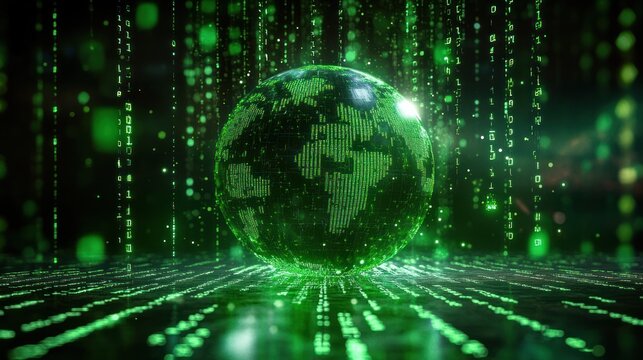 Futuristic Digital Globe with Cascading Green Binary Code Representing Global Connectivity and Technology - Powered by Adobe