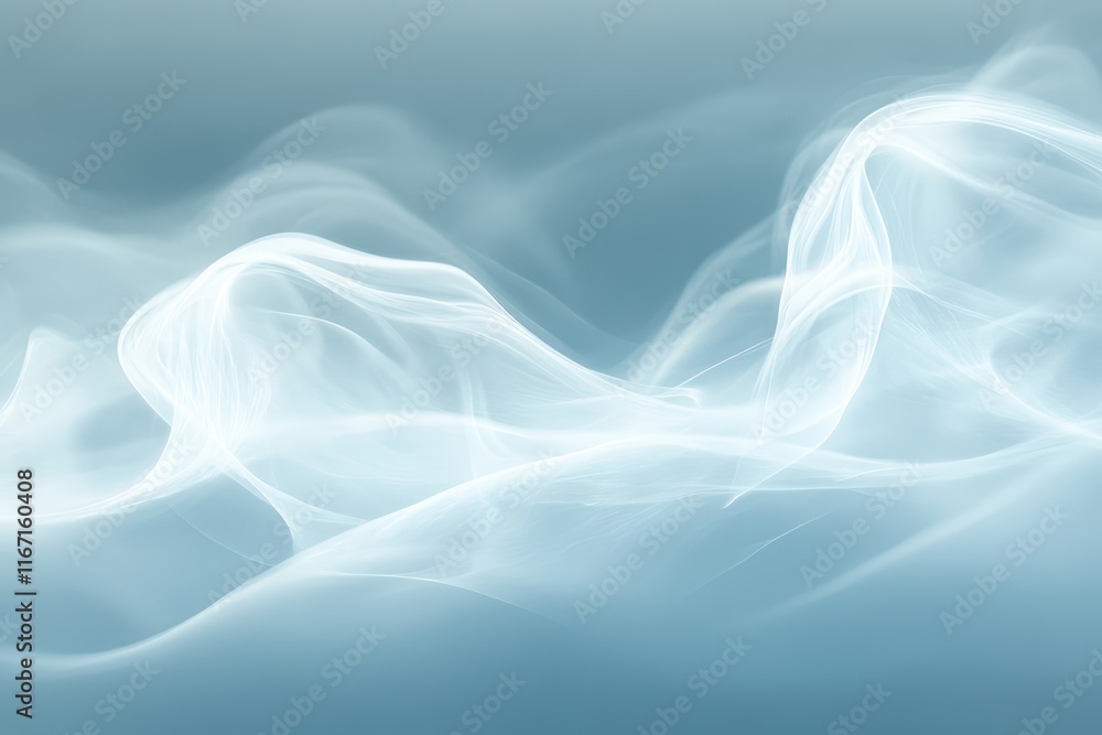 Poster Soft, flowing wisps of white and blue smoke create a serene abstract background filled with calming tones and ethereal shapes. Generative AI