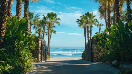 Obraz premium Serene Tropical Pathway Leading to Calm Ocean Waves and Palm Trees