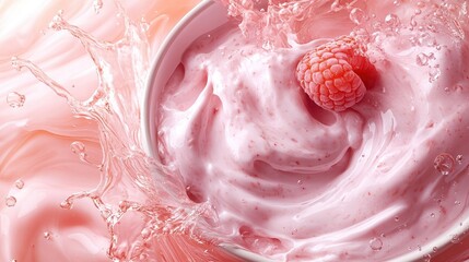 A bowl of pink yogurt splashes with a raspberry, creating a vibrant and appetizing scene.