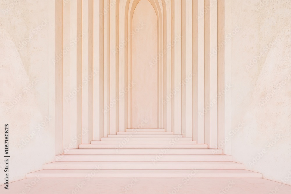 Poster Architectural details showcase a series of arched columns leading to a soft pastel background in a serene indoor space. Generative AI