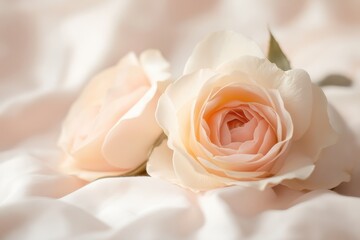 Blooming soft pink roses resting on a gentle white fabric background in a serene indoor setting. Generative AI