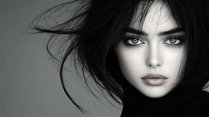 Fototapeta premium Monochromatic close-up of a young woman with a serene expression, featuring expressive eyes and soft lips. Disheveled black hair adds natural texture, while smooth shadows and intricate details 