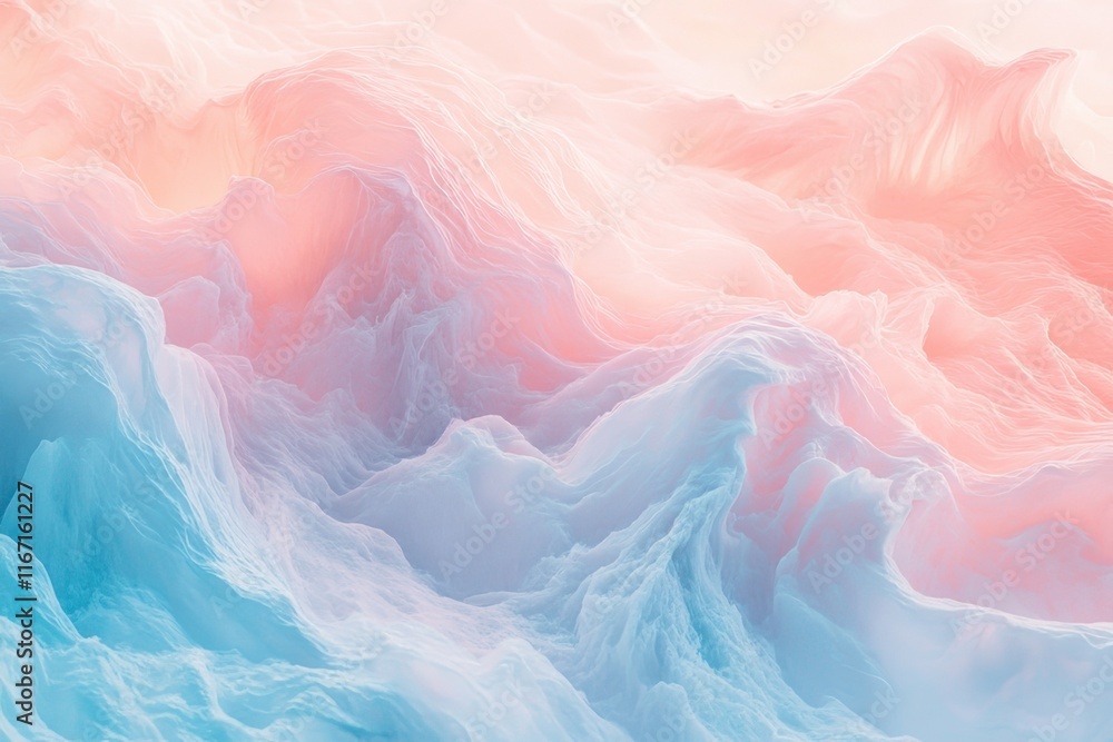 Poster soft pastel waves blend in blue and pink shades creating a serene abstract background ideal for calm