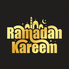 Obraz premium Ramadan Kareem gold luxury typography greeting card with mosque, stars and moon vector illustration. Muslim religious holy month celebration poster, banner, template design. Ramadan logo, calligraphy.
