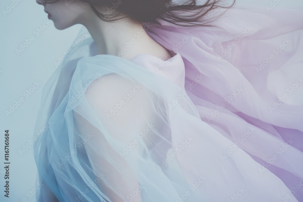 Poster elegant flow of translucent fabric gently draped around a figure in soft pastel colors during a sere
