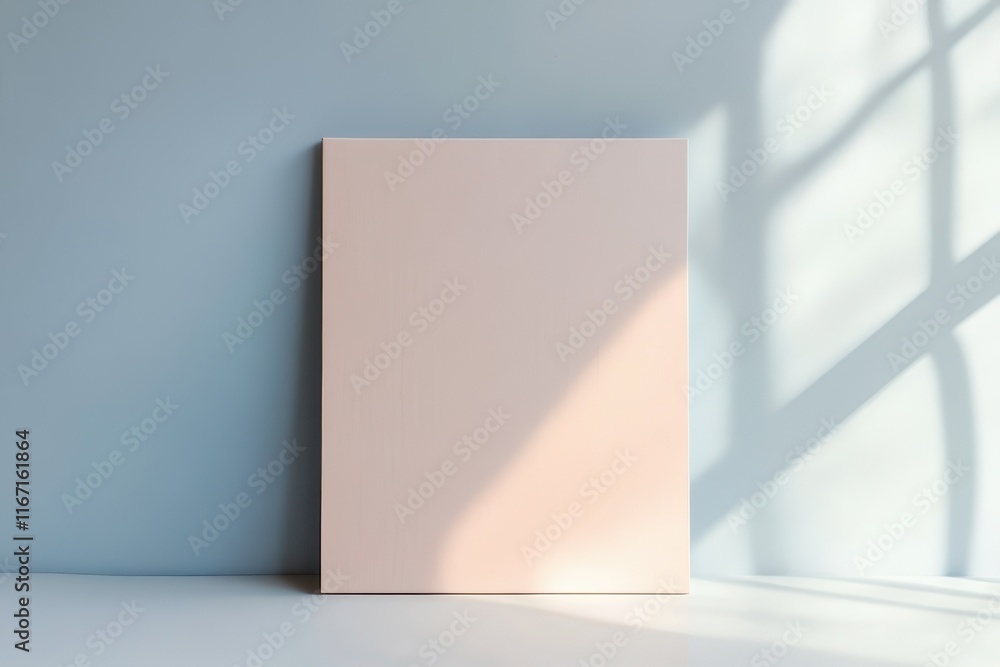 Poster blank canvas leaning against a wall with soft morning light illuminating the space and casting a gen