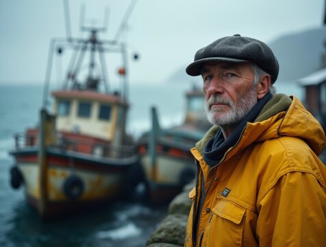 Fisherman gazes thoughtfully at boats during a foggy morning by the harbor - Powered by Adobe