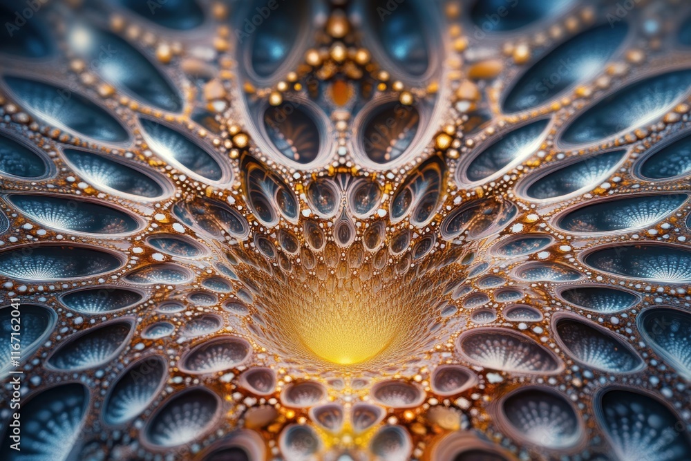 Poster vibrant fractal design with complex patterns converges on a glowing center, evoking wonder