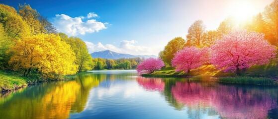 A beautiful spring landscape with colorful trees and flowers reflecting in the calm lake, a sunny day with blue sky and white clouds, a lush forest on both sides of the river, and mountains visible