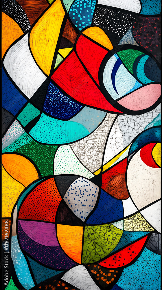 Poster abstract colorful painting with geometric shapes and vibrant patterns.