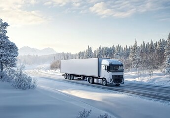 White truck with cargo trailer driving on a snowy road in winter, with a snow-covered landscape and forest background