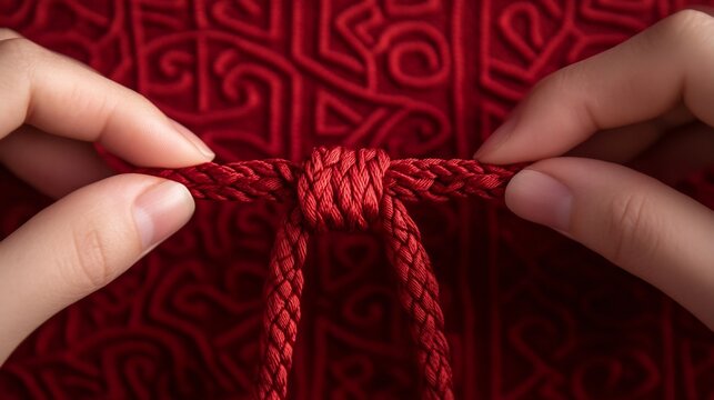 Hands Tying an Intricate Red Knot for Chinese New Year and