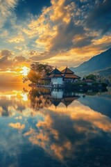Fototapeta premium A beautiful view of the temple on Lake Bratan in Bali, one of Indonesia's most famous places for photography, with a reflection in the water, golden hour light, and clouds