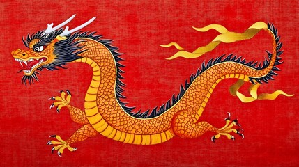 Fototapeta premium Vibrant Chinese Dragon on Festive Red Scroll Painting