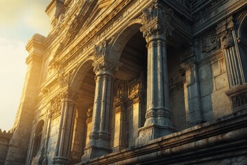 Sunlight highlights the detailed architecture of a historic monument, reflecting the city's deep cultural significance