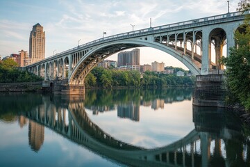 Obraz premium Stunning view of a historic bridge over a river, reflecting the vibrant city skyline during golden hour