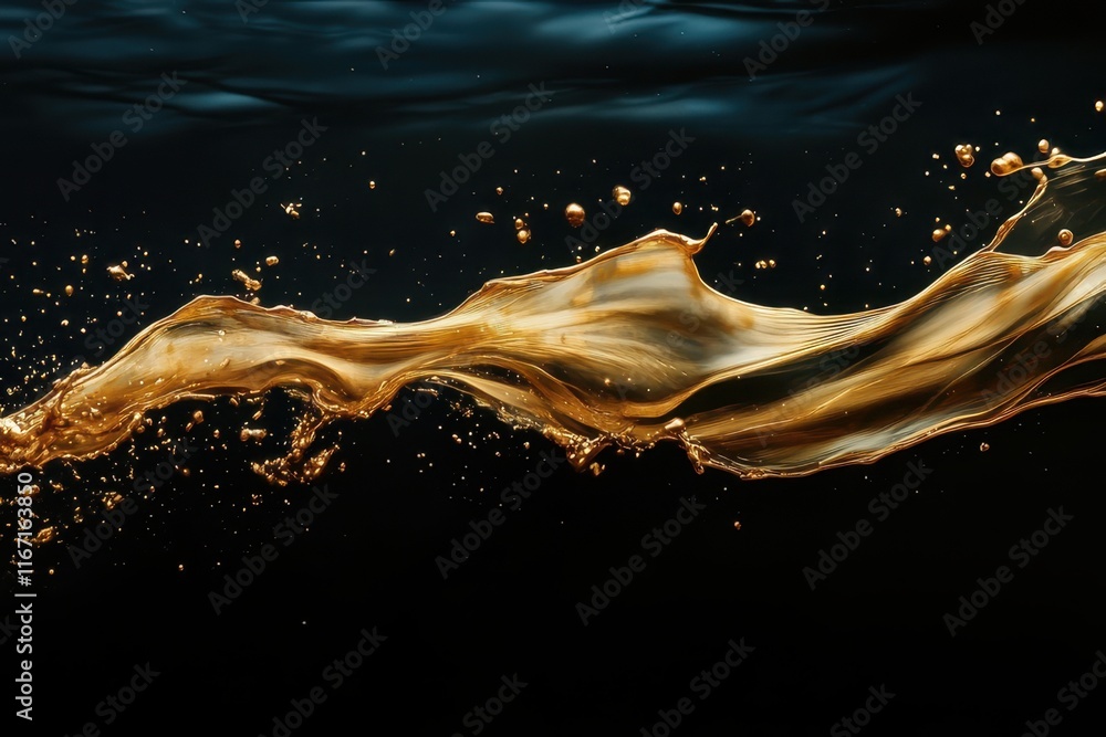 Poster golden liquid flows gracefully, creating dynamic splashes against a dark backdrop in captivating dis