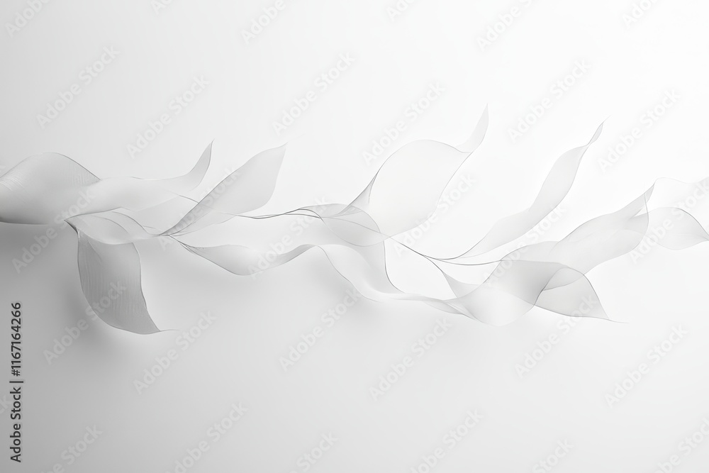 Poster flowing white paper ribbons create an abstract visual effect against a bright background in a minima