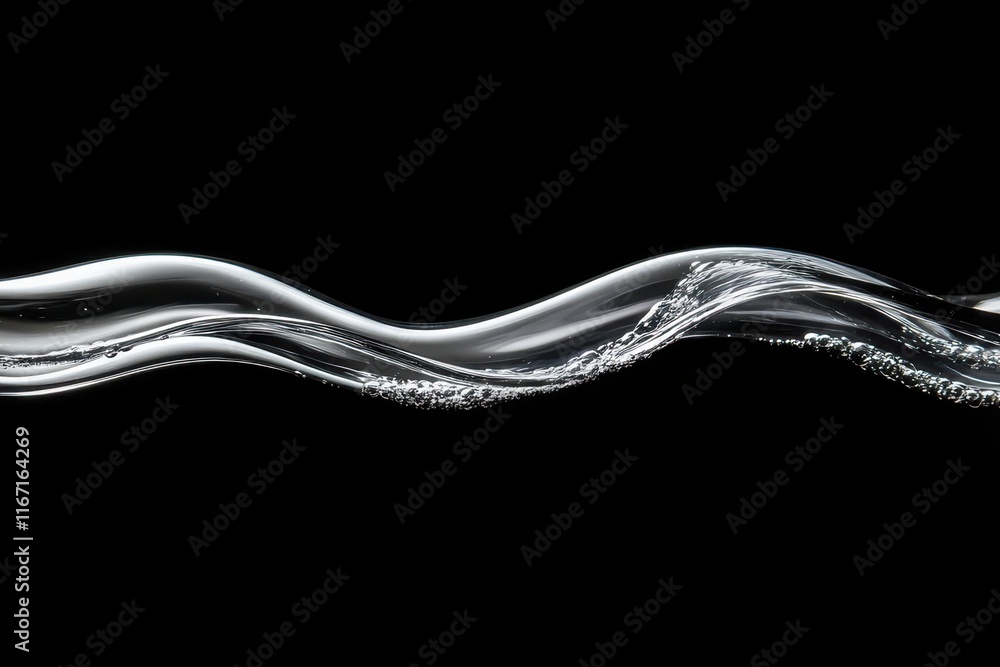 Poster flowing water with bubbles creating a smooth wave pattern against a black background. generative ai