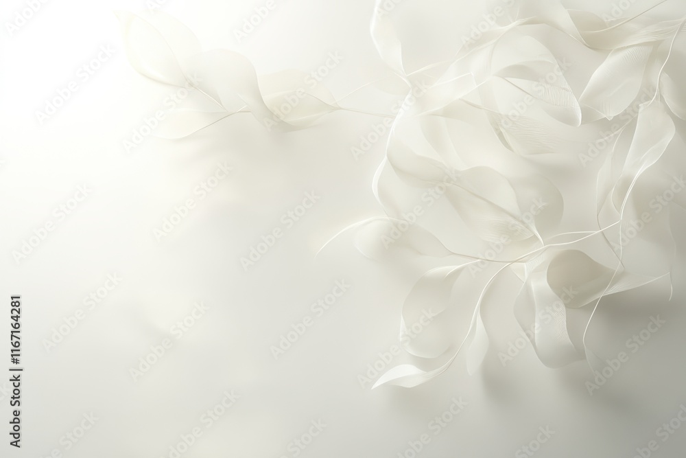 Poster soft white leaves gently cascading on a light background, creating an elegant and serene atmosphere.