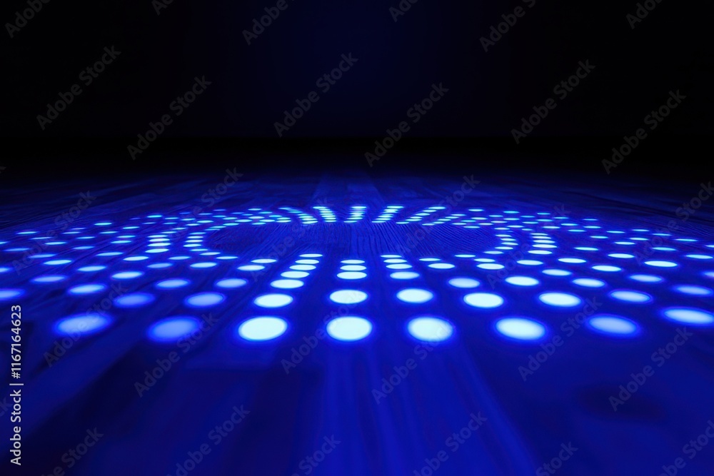 Poster bright blue dot pattern illuminates a dark space creating a mesmerizing effect with depth and rhythm