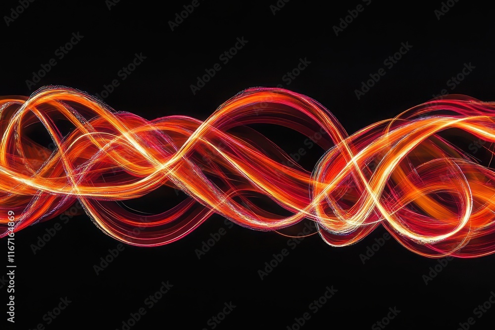 Poster abstract light trails create dynamic waves of color in vibrant reds, oranges, and whites against a d