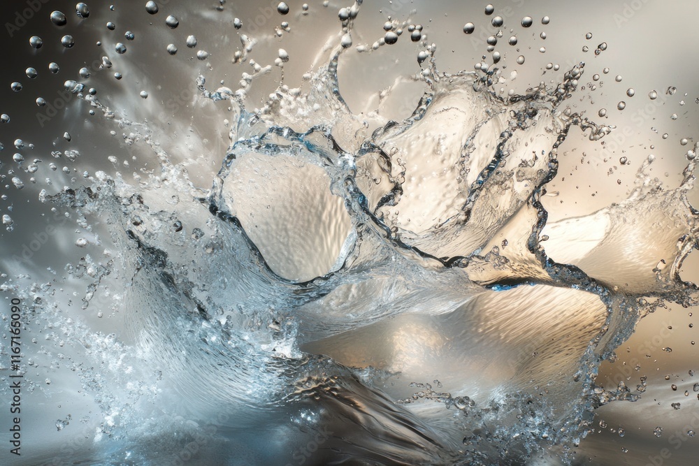 Poster high-speed capture of water droplets colliding, showcasing patterns and movement in a cool color pal