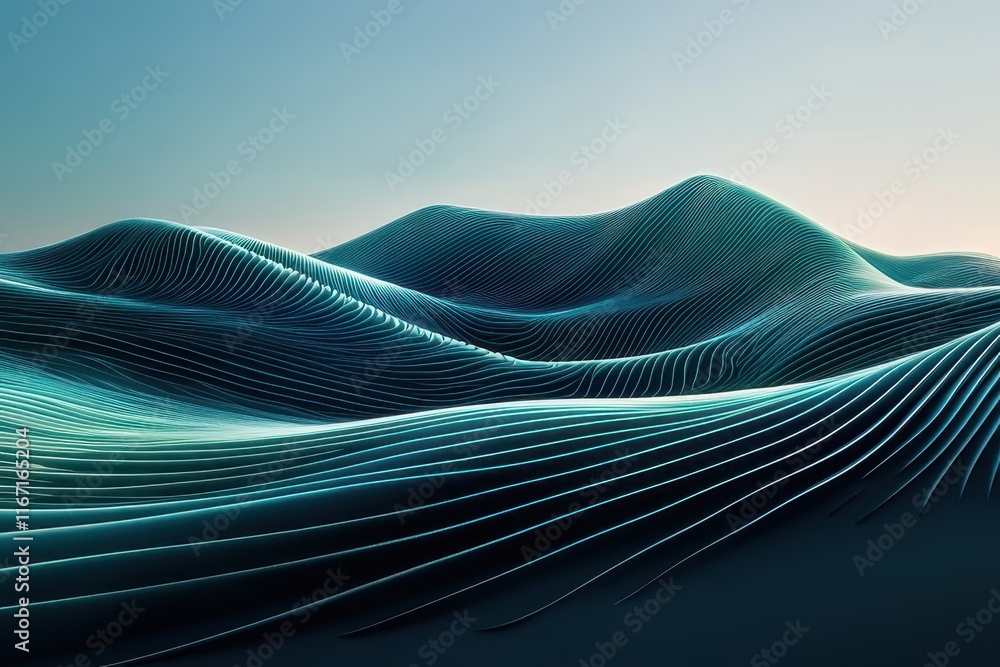 Poster curved waves of textured patterns and soft colors reflecting light at dusk. generative ai