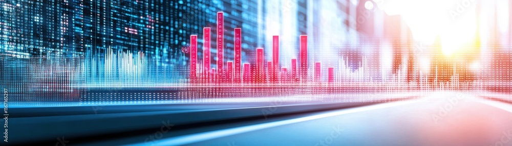Poster a futuristic cityscape featuring digital data visualization with vibrant graphs and light trails, sy