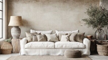 Serene Living Room Interior Design with Neutral Tones and Natural Textures