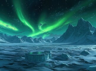 A breathtaking view of the aurora borealis over an icy landscape, with icebergs floating in the foreground and stars twinkling above. The vibrant green lights dance across the sky, creating mesmerizin