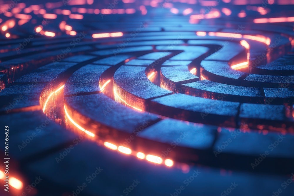 Poster Intricate maze of glowing pathways created with illuminated blocks in a dark environment. Generative AI