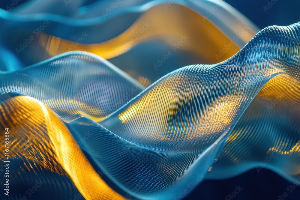Poster Colorful flowing waves create an abstract design with blue and gold hues in a vibrant digital composition. Generative AI