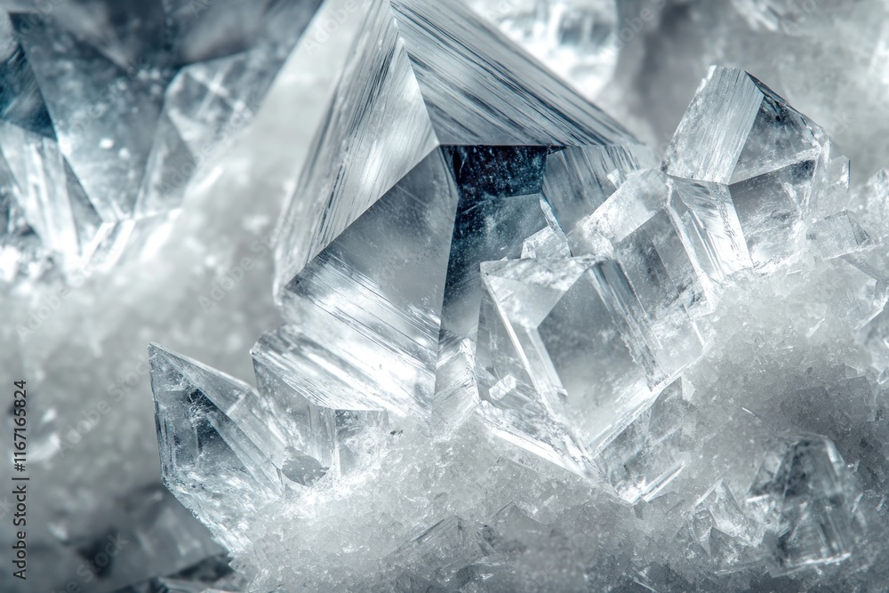 Poster macro shot reveals sharp edges and intricate patterns of a salt crystal, capturing light in stunning