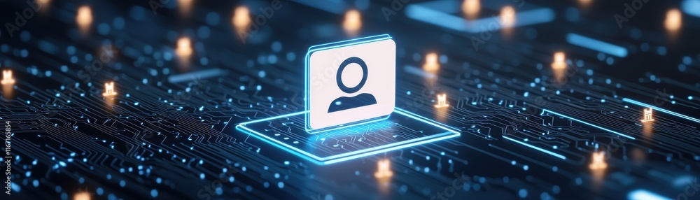Poster a digital interface depicting a user icon on a networked background, symbolizing online identity and