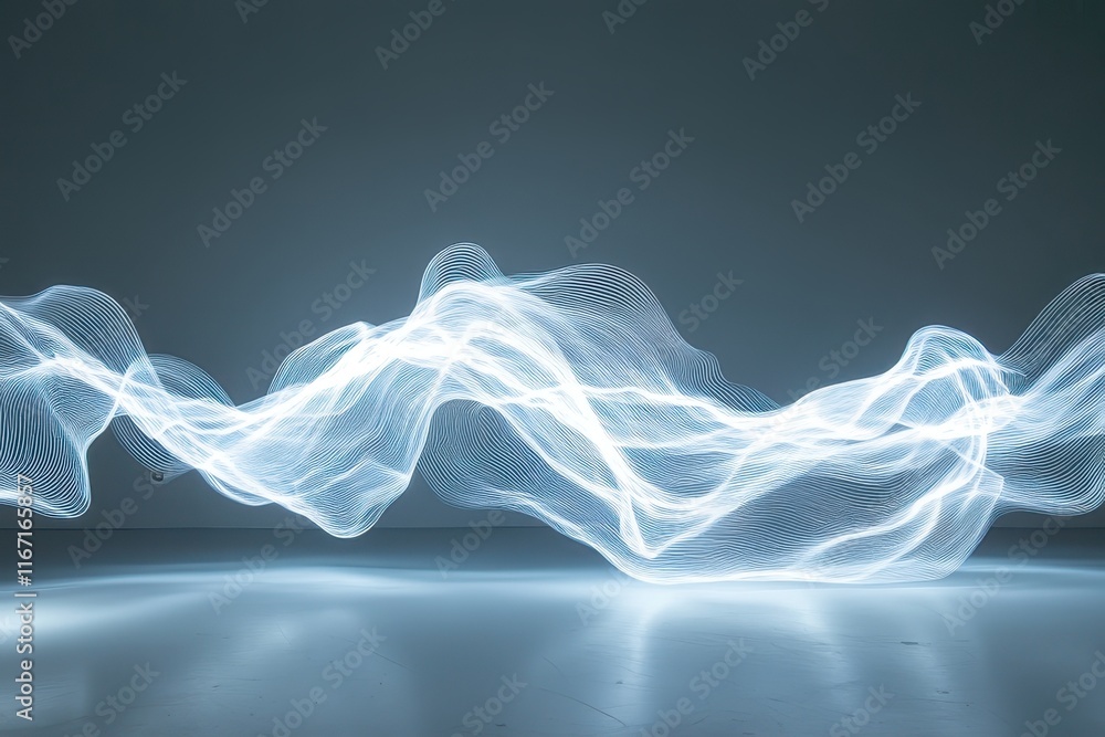 Poster swirling blue and white light trails creating a dynamic abstract pattern in a darkened space. genera