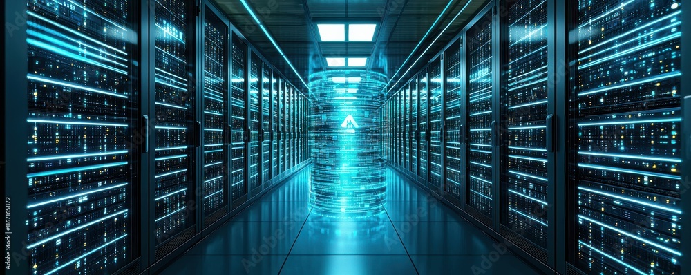 Aufkleber a futuristic data center illuminated with blue lights, featuring rows of servers creating a high-tec