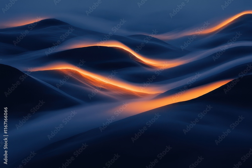Poster ethereal waves of light flow through a dark landscape at twilight creating a serene and mystical atm