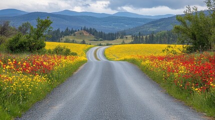 Beautiful winding road through vibrant wildflower fields under a cloudy sky in the countryside