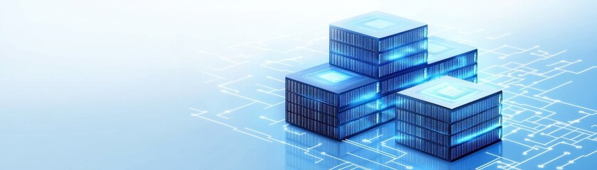 A modern digital representation of stacked blue data blocks on a circuit-like background, symbolizing technology and data storage.