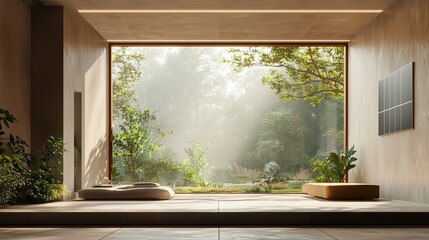 Modern Interior Design with Large Window Overlooking Nature Scene
