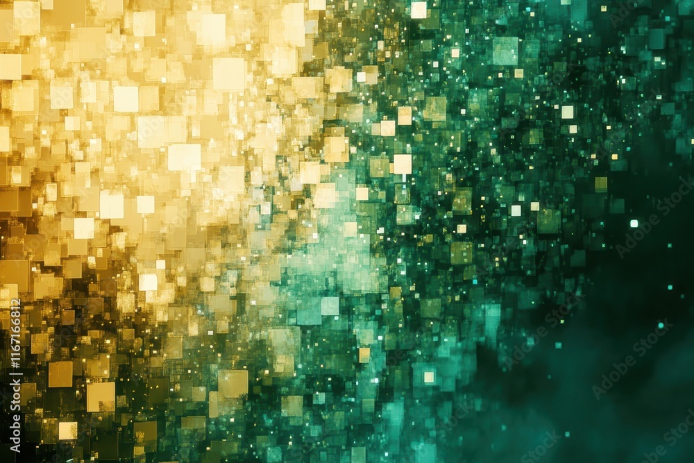 Poster Colorful abstract background showcasing green and gold pixelated squares creating a dynamic visual effect. Generative AI