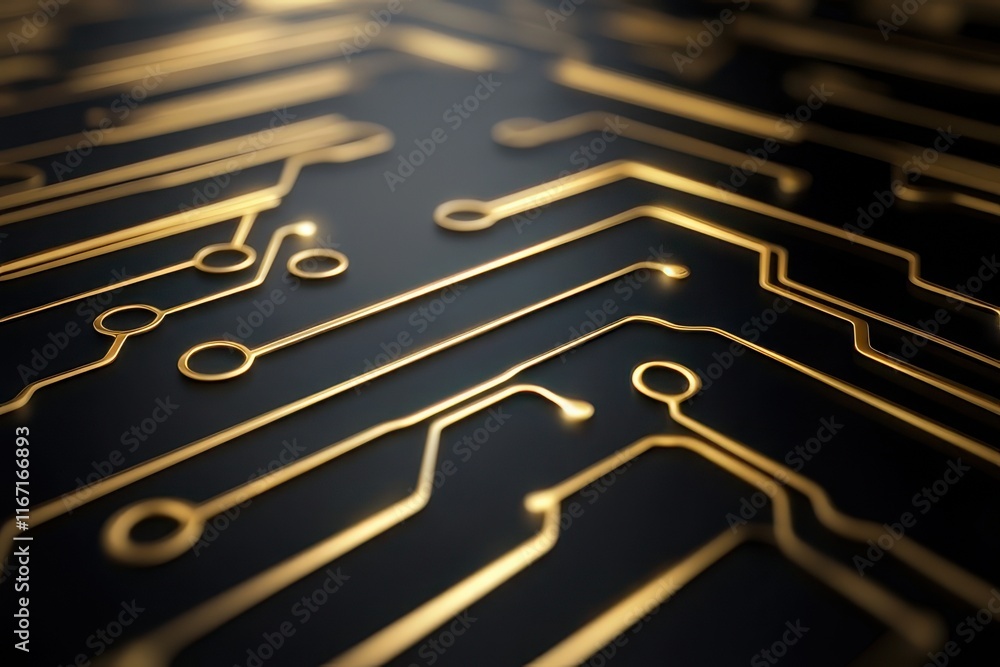 Poster circuit board design featuring gold connections on a dark surface with intricate patterns and detail