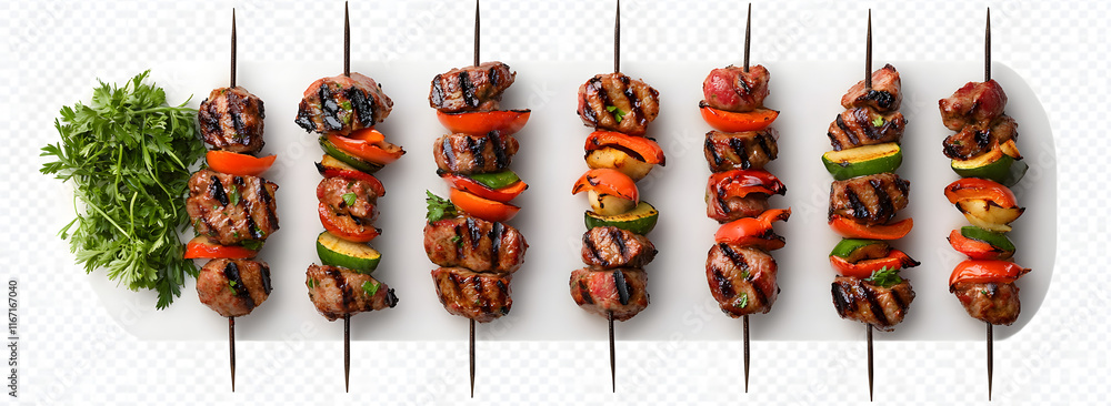 Poster top view of kebabs skewers of marinated meat and some veggies over isolated transparent background