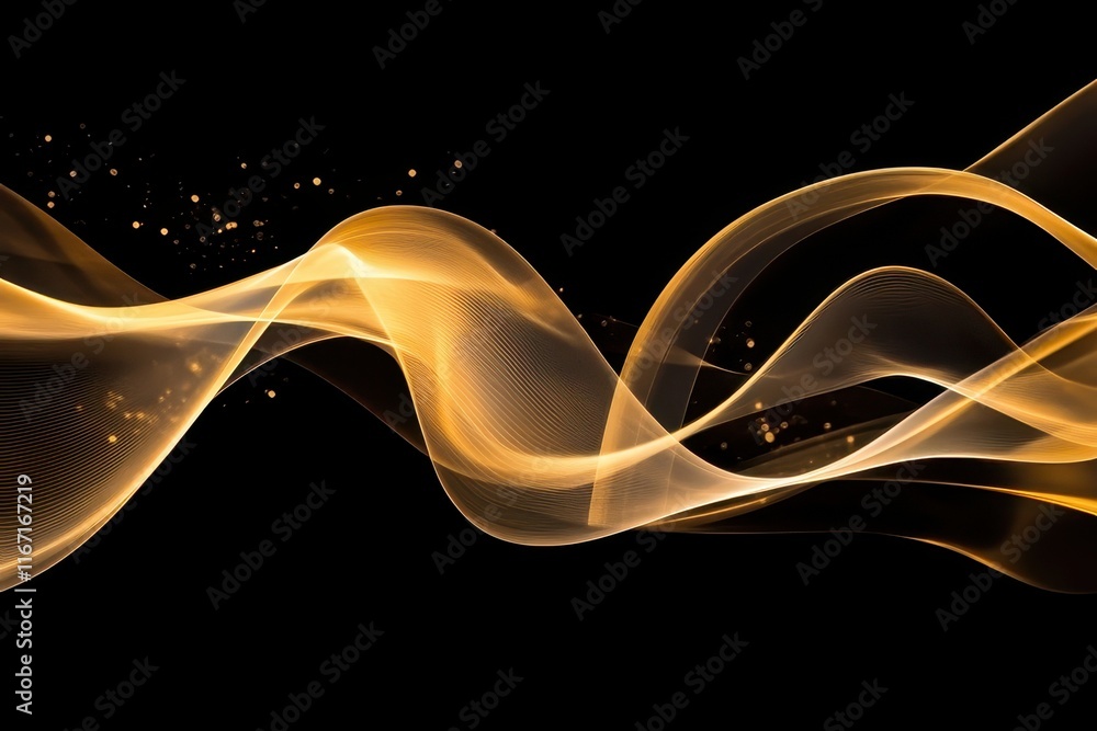 Poster swirling golden waves of light create an abstract composition with a sense of motion and elegance in
