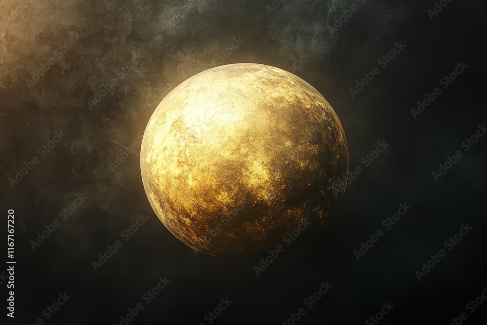 Poster bright golden planet surface illuminated by distant light in a dark cosmic environment during an ast