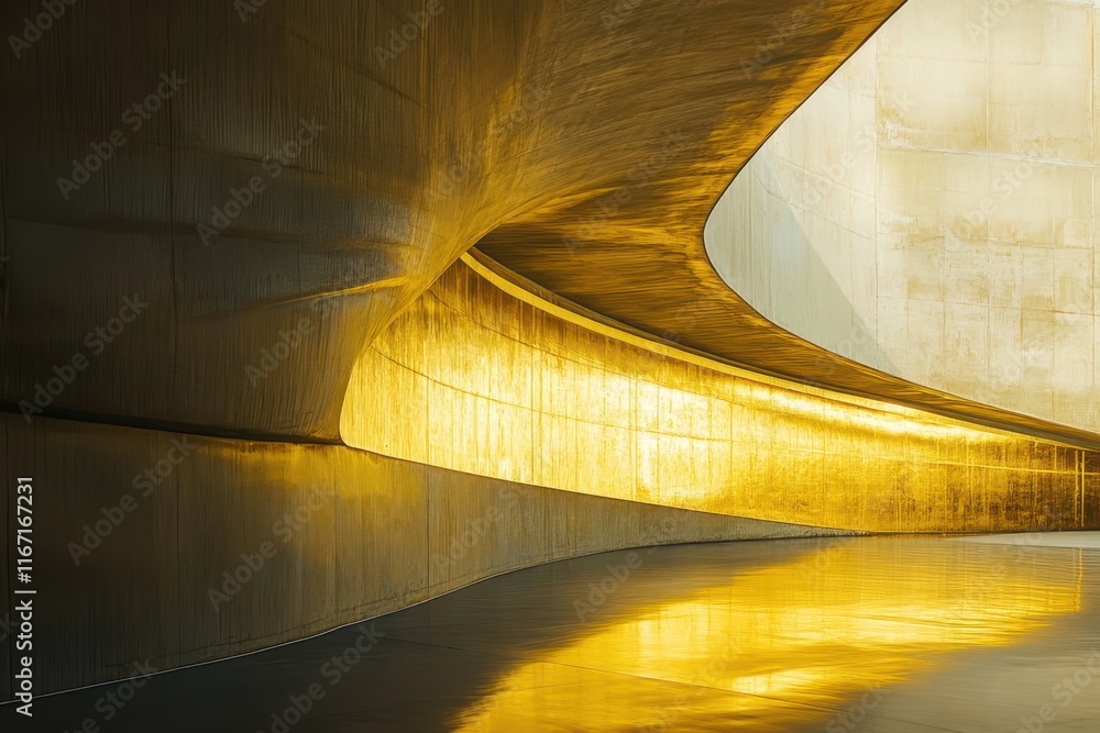 Poster golden reflections illuminate a modern architectural space with fluid lines and smooth surfaces. gen