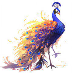 Fototapeta premium a Beautiful blue peacock with colorful feathers side view, digital clipart, vibrant texture, cartoon clipart illustration on plain white background
