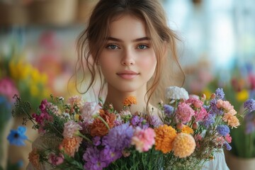 Naklejka premium Portrait of a Young Woman Holding a Colorful Bouquet of Flowers in a Minimalistic Background